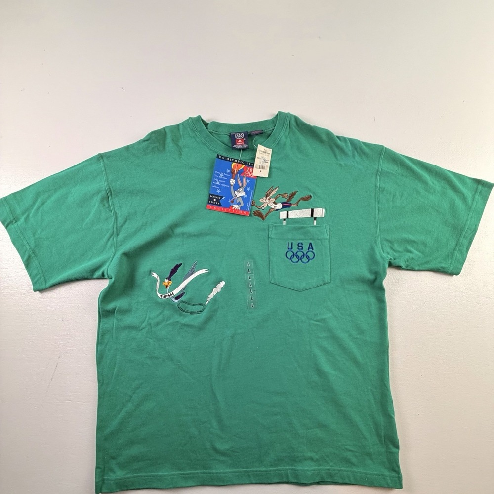 Vtg 90s Wylie‎ Coyote Roadrunner Embroidered Olympics Tshirt L, Looney Toons